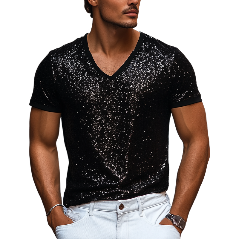 Men's Stylish Casual Personality Sequin Fabric Short-sleeved T-shirt MTA2251C2K