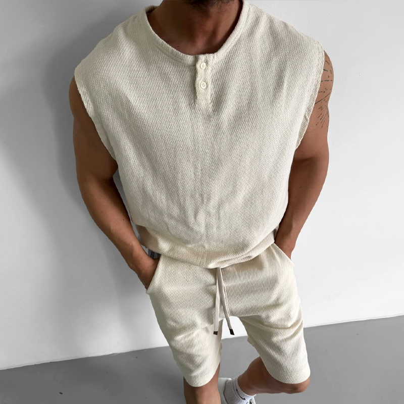 Men's Solid Henley Collar Sleeveless Tops Elastic Waist Shorts Casual Set MTA2214C8Z