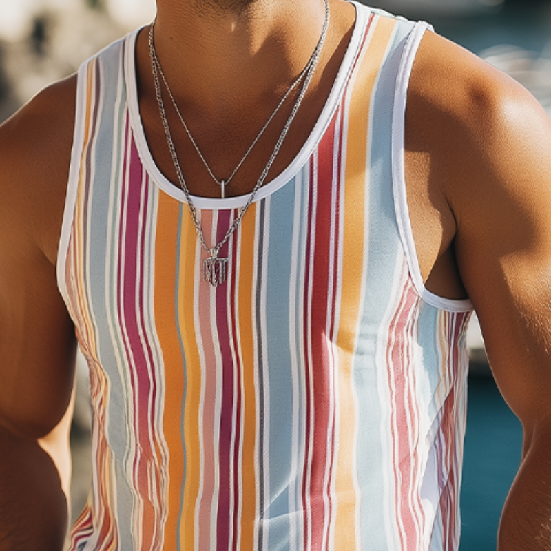 Men's Summer Fashion Casual Contrast Vertical Stripes Printed Tank Top MTA2224C3K