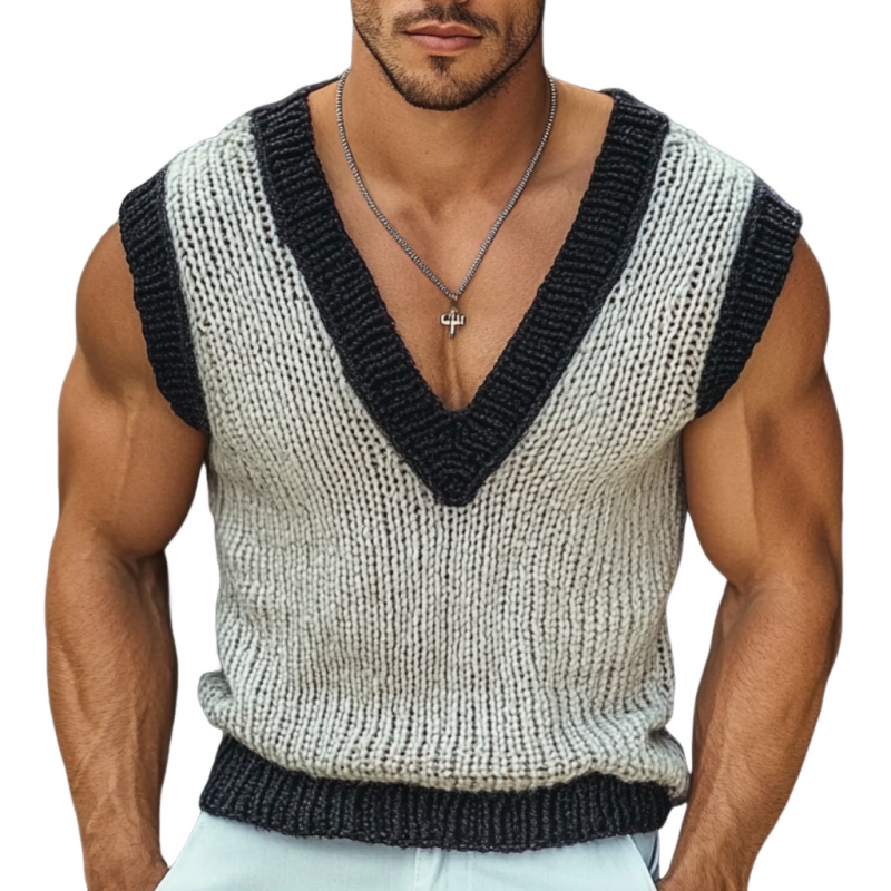 Men's Casual V Neck Contrast Color Slim Knitted Vest MTA2107C0M