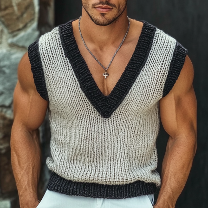 Men's Casual V Neck Contrast Color Slim Knitted Vest MTA2107C0M