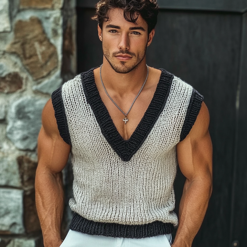 Men's Casual V Neck Contrast Color Slim Knitted Vest MTA2107C0M