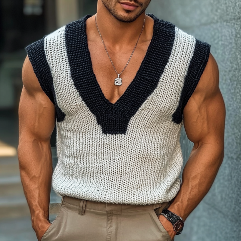 Men's Casual V Neck Contrast Color Slim Knitted Vest MTA2151C6M