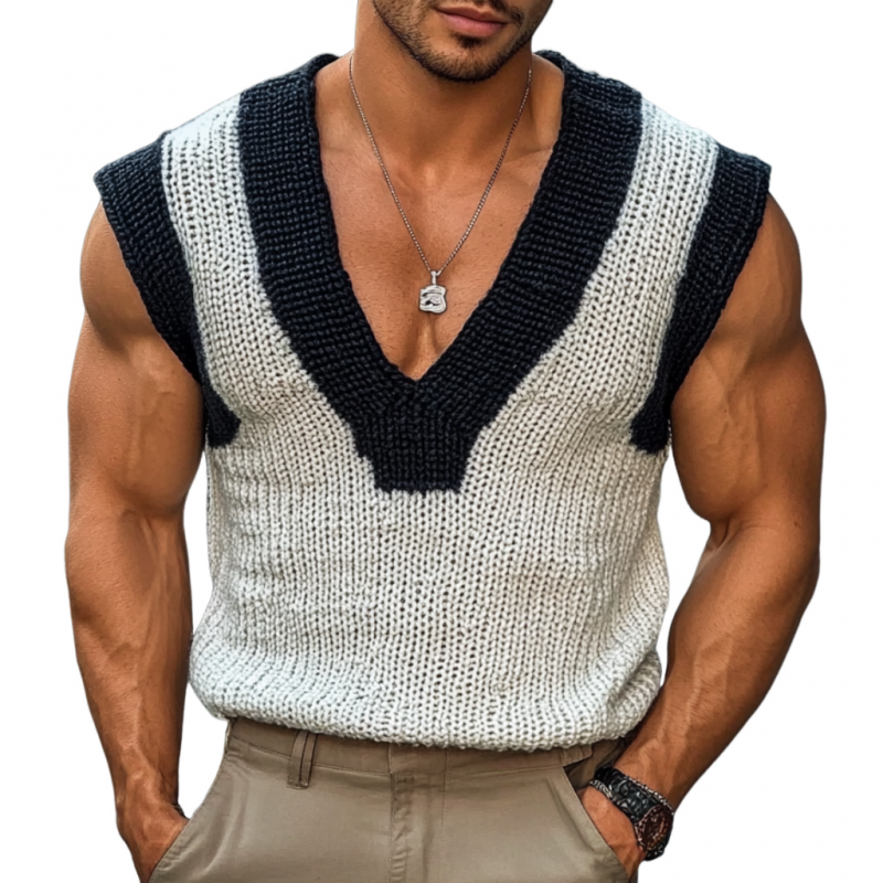 Men's Casual V Neck Contrast Color Slim Knitted Vest MTA2151C6M