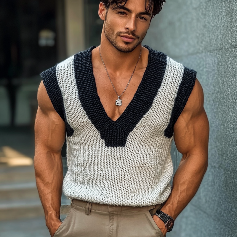 Men's Casual V Neck Contrast Color Slim Knitted Vest MTA2151C6M