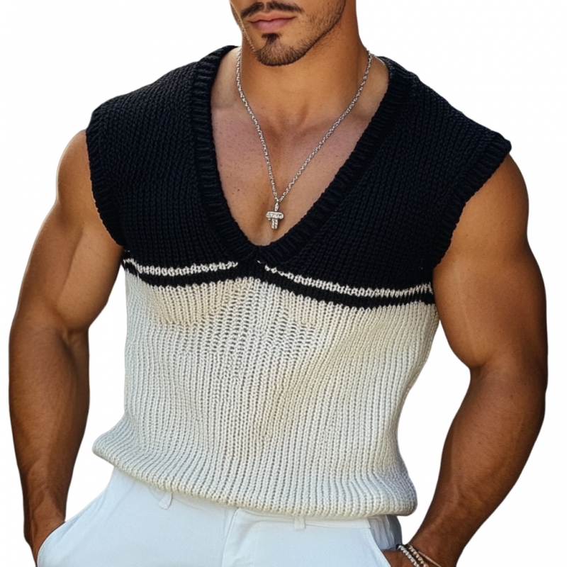 Men's Casual V Neck Contrast Color Slim Knitted Vest MTA2131C6M