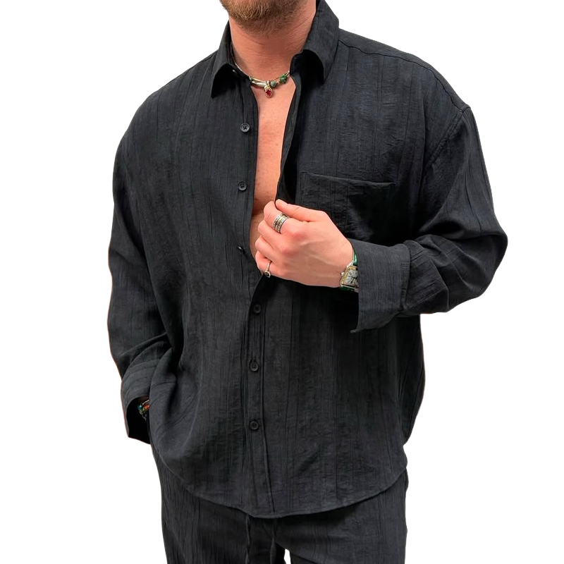 Men's Solid Loose Folds Lapel Long Sleeve Casual Shirt MTA2202C5Z