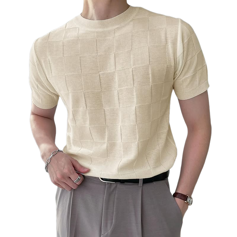 Men's Comfortable Solid Color Square Round Neck Short Sleeve Knitted Sweater T-shirt MTA2227C4Z