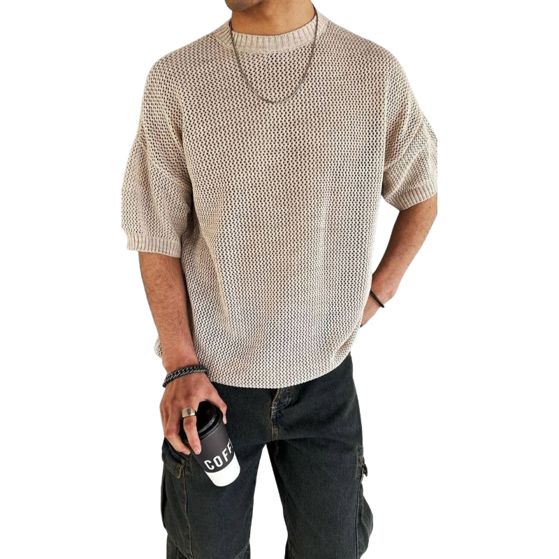 Men's Casual Round Neck Loose Knitted Short Sleeve Sweater T-Shirt MTA2298C9M