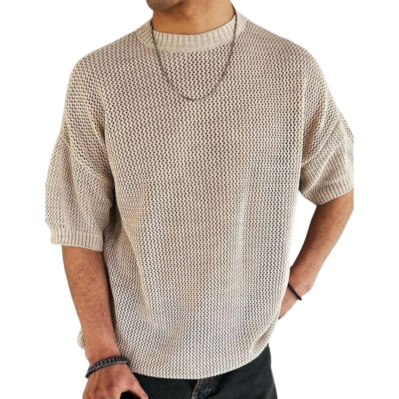 Men's Casual Round Neck Loose Knitted Short Sleeve Sweater T-Shirt MTA2298C9M