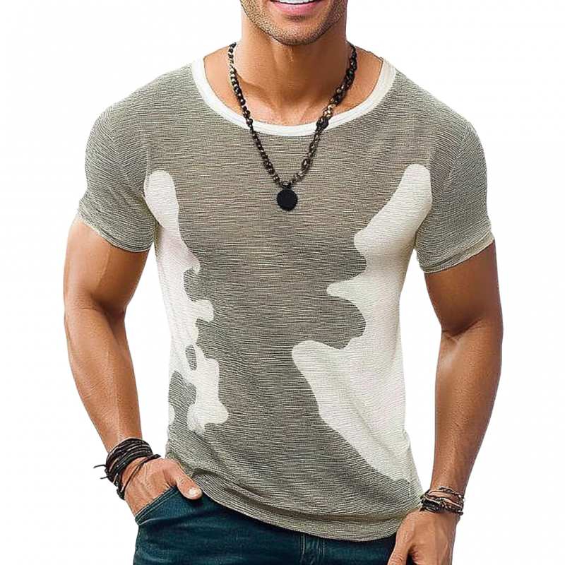 Men's Casual Contrast Color Round Neck Slim Fit Knitted Short Sleeve Sweater T-Shirt MTA2460C5M