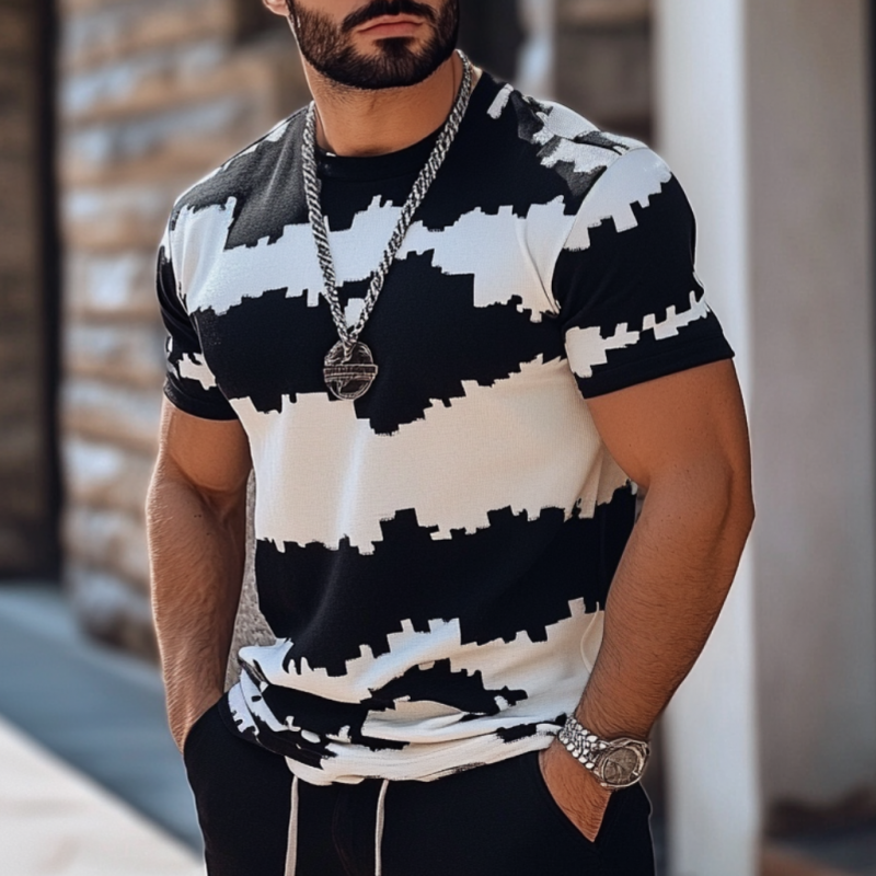 Men's Casual Contrast Color Jacquard Round Neck Slim Fit Knitted Short Sleeve Sweater T-Shirt MTA2451C0M