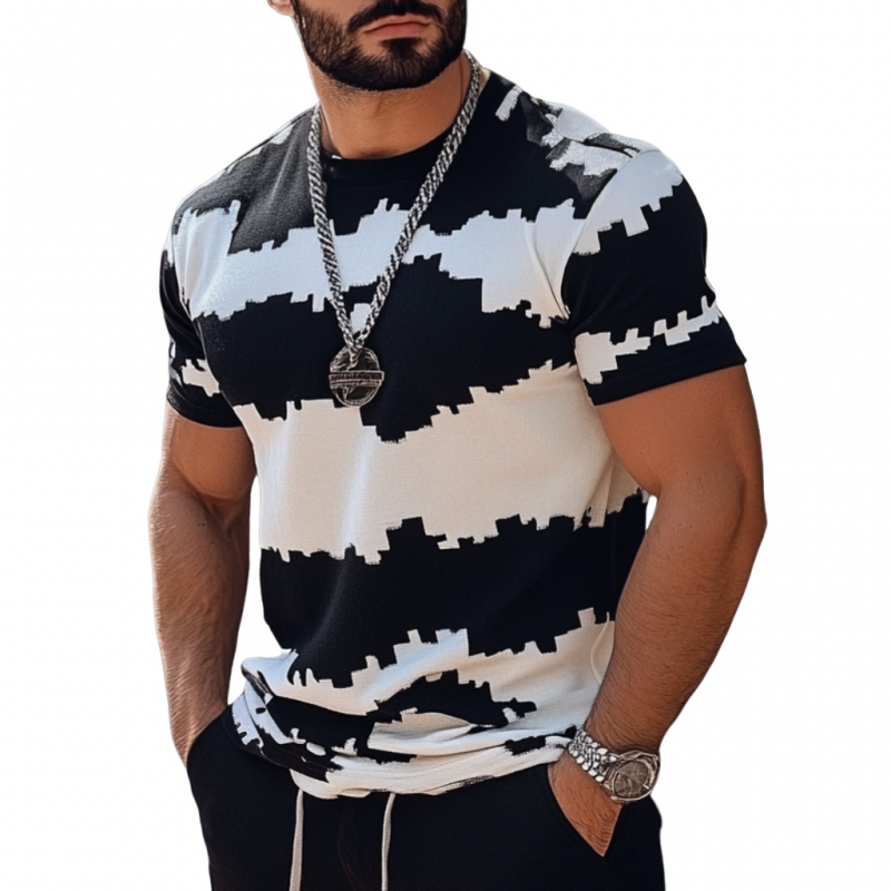 Men's Casual Contrast Color Jacquard Round Neck Slim Fit Knitted Short Sleeve Sweater T-Shirt MTA2451C0M