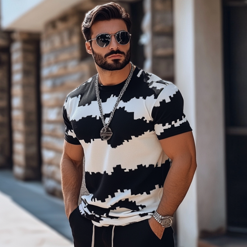 Men's Casual Contrast Color Jacquard Round Neck Slim Fit Knitted Short Sleeve Sweater T-Shirt MTA2451C0M