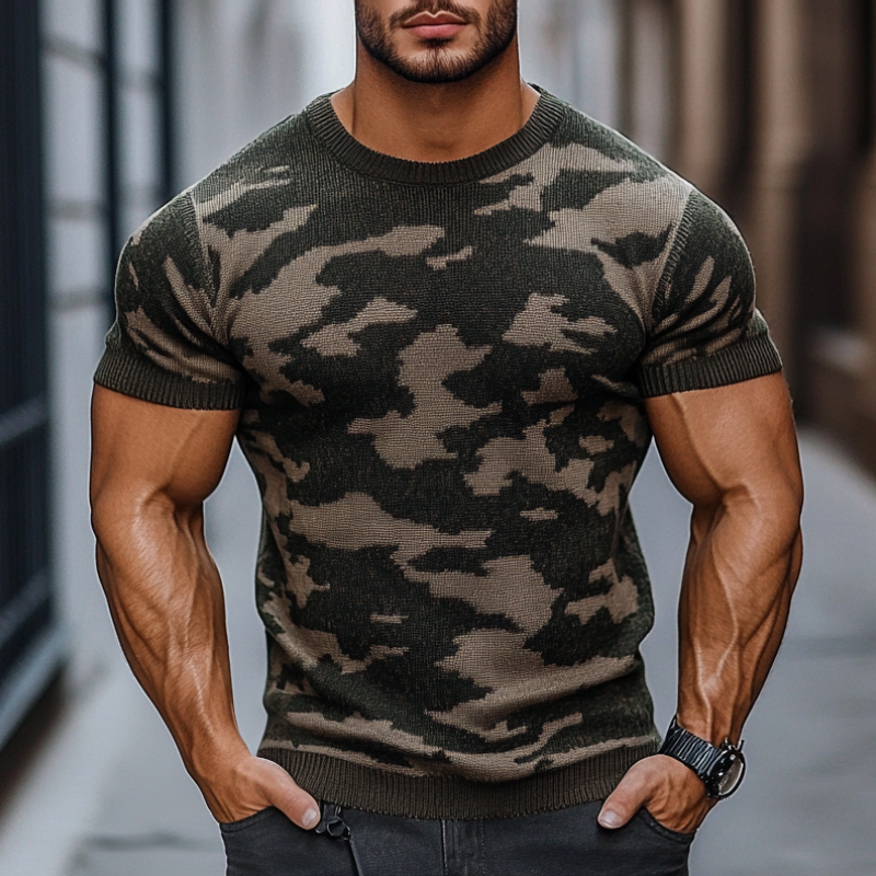 Men's Outdoor Camouflage Jacquard Round Neck Slim Fit Knitted Short Sleeve Sweater T-Shirt MTA2483C5M