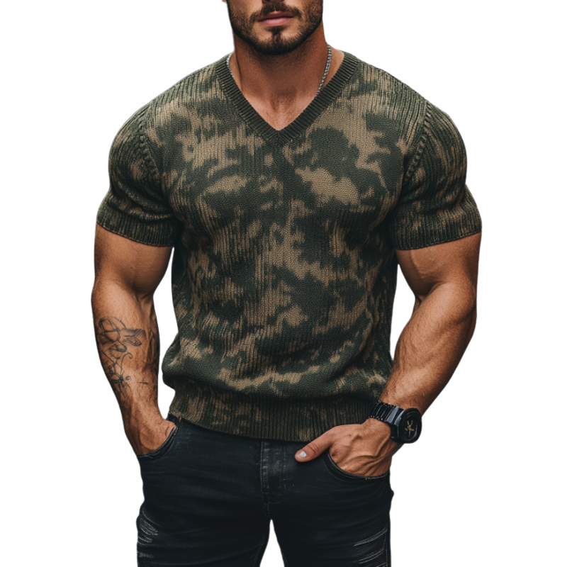 Men's Outdoor Camouflage Jacquard V-Neck Slim Fit Knitted Short Sleeve Sweater T-Shirt MTA2439C1M