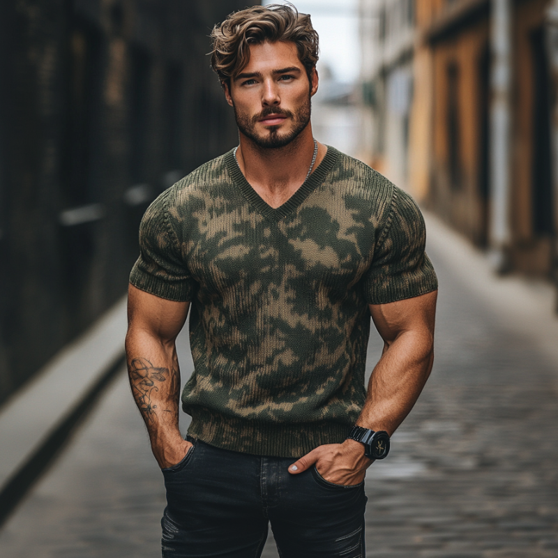 Men's Outdoor Camouflage Jacquard V-Neck Slim Fit Knitted Short Sleeve Sweater T-Shirt MTA2439C1M