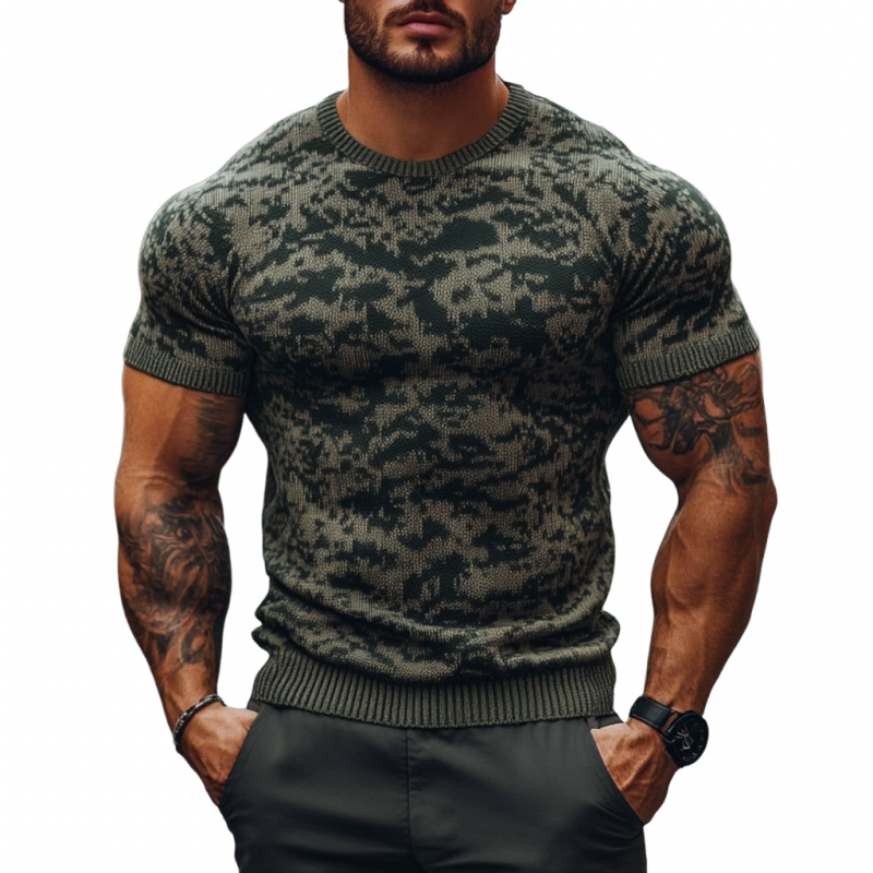 Men's Outdoor Camouflage Jacquard Round Neck Slim Fit Knitted Short Sleeve Sweater T-Shirt MTA2445C1M