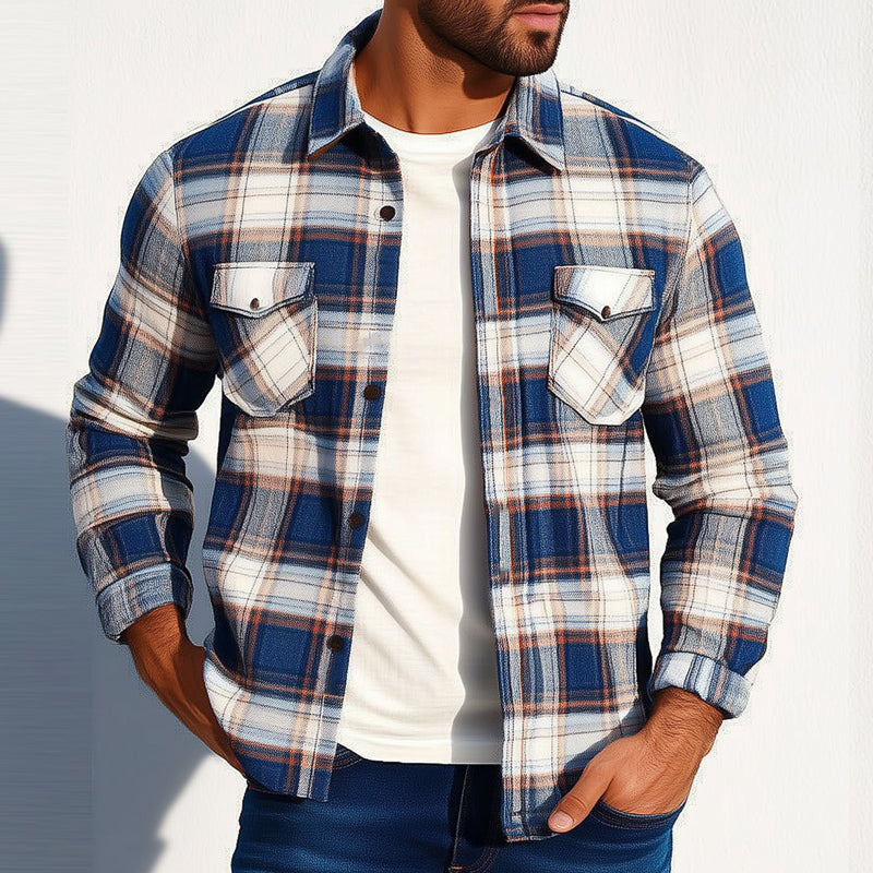 Men's Spring and Autumn Plaid Casual Long Sleeve Shirt MTA0187D0U