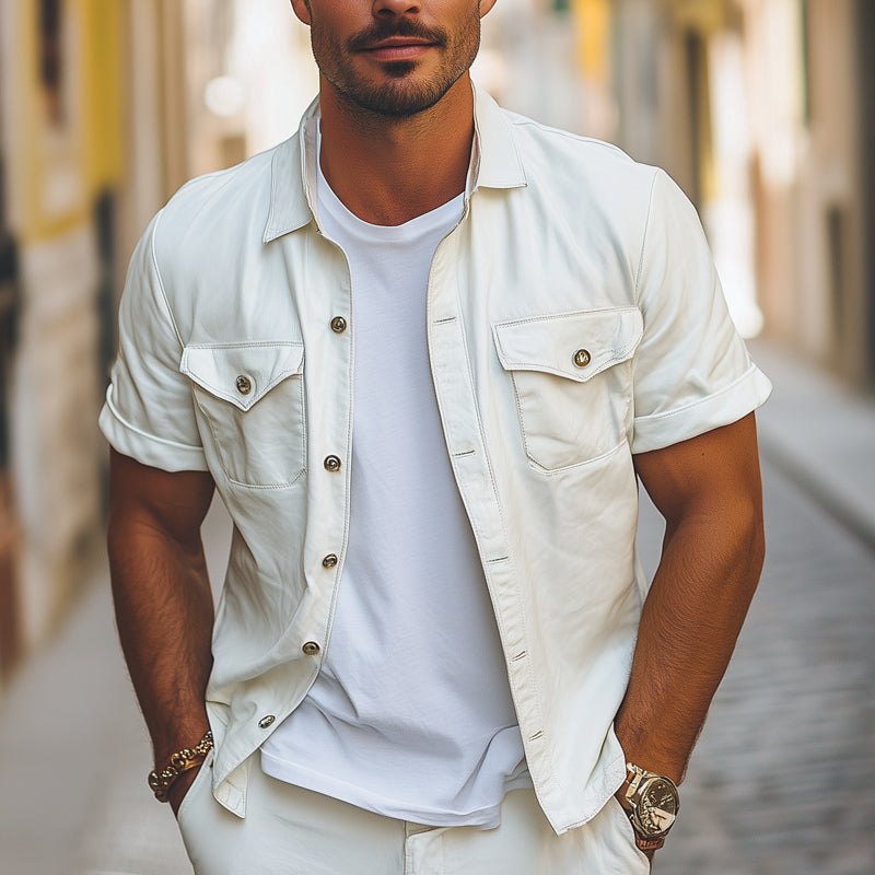 Men's Summer Loose Basic Lapel Short Sleeve Shirt MTA0198D4U