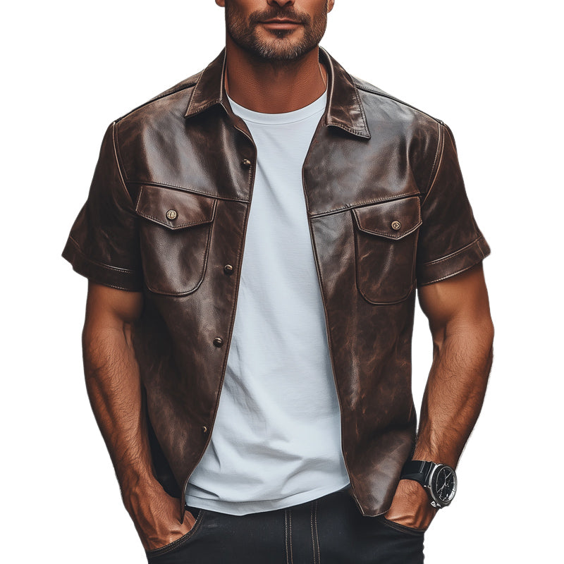 Men's Summer Vintage Brown Leather Short Sleeve Shirt MTA0164D8U