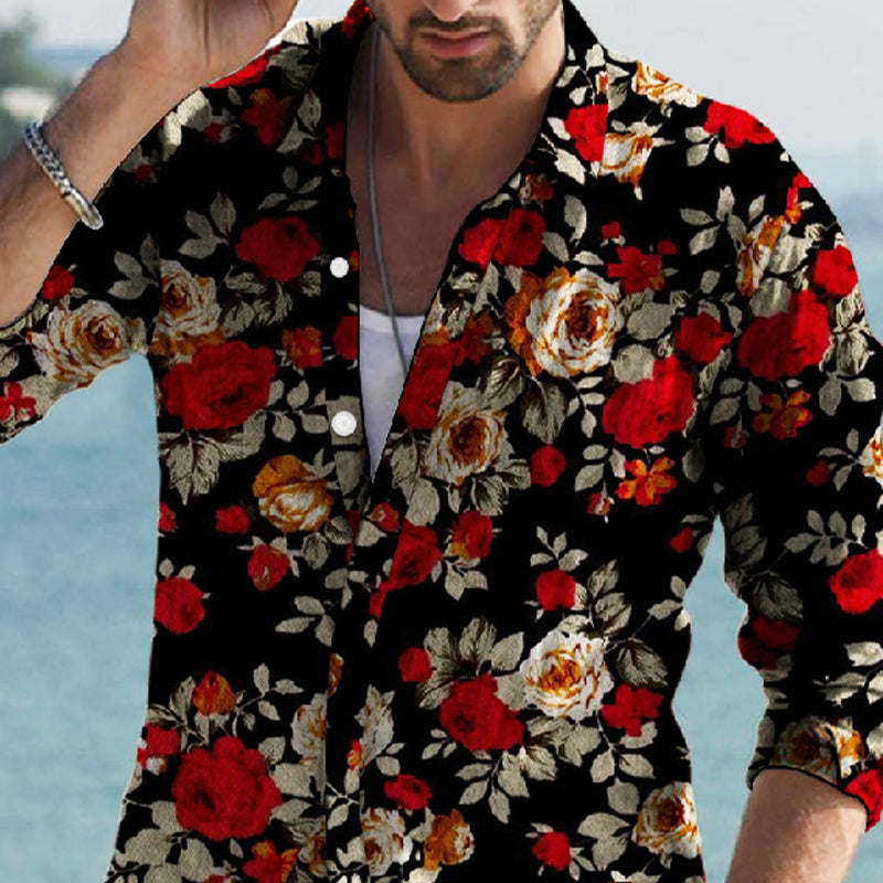 Men's Vintage Floral Print Lapel Long Sleeve Shirt MTA0123D0X