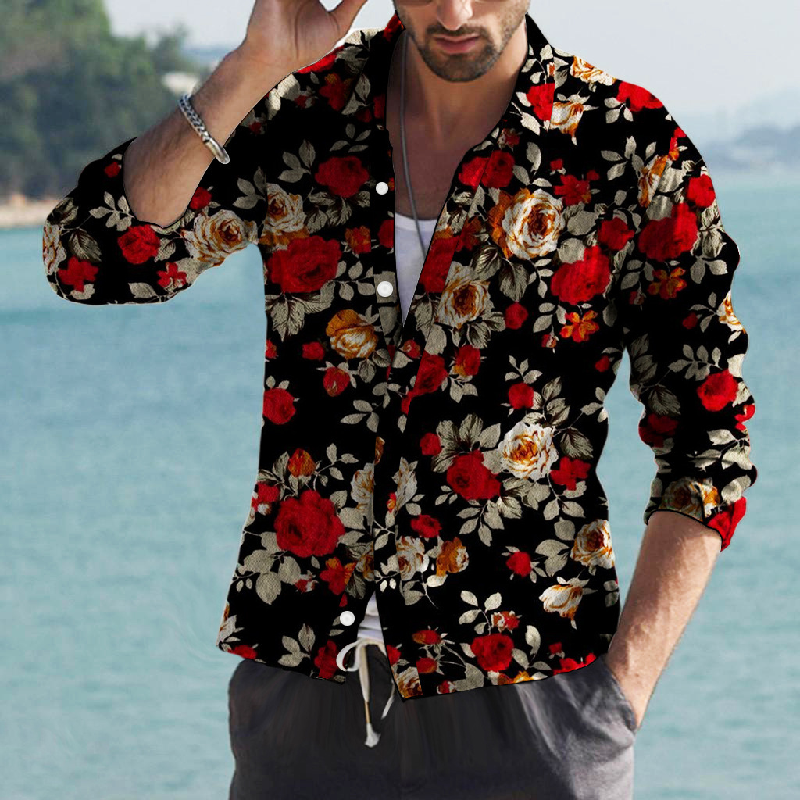 Men's Vintage Floral Print Lapel Long Sleeve Shirt MTA0123D0X