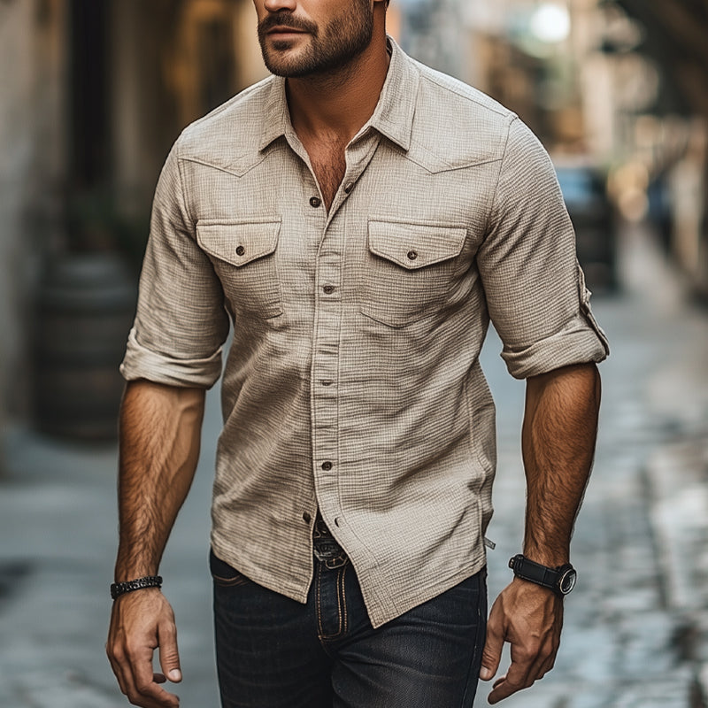 Men's Solid Waffle Lapel Short Sleeve Shirt MTA0176D3X