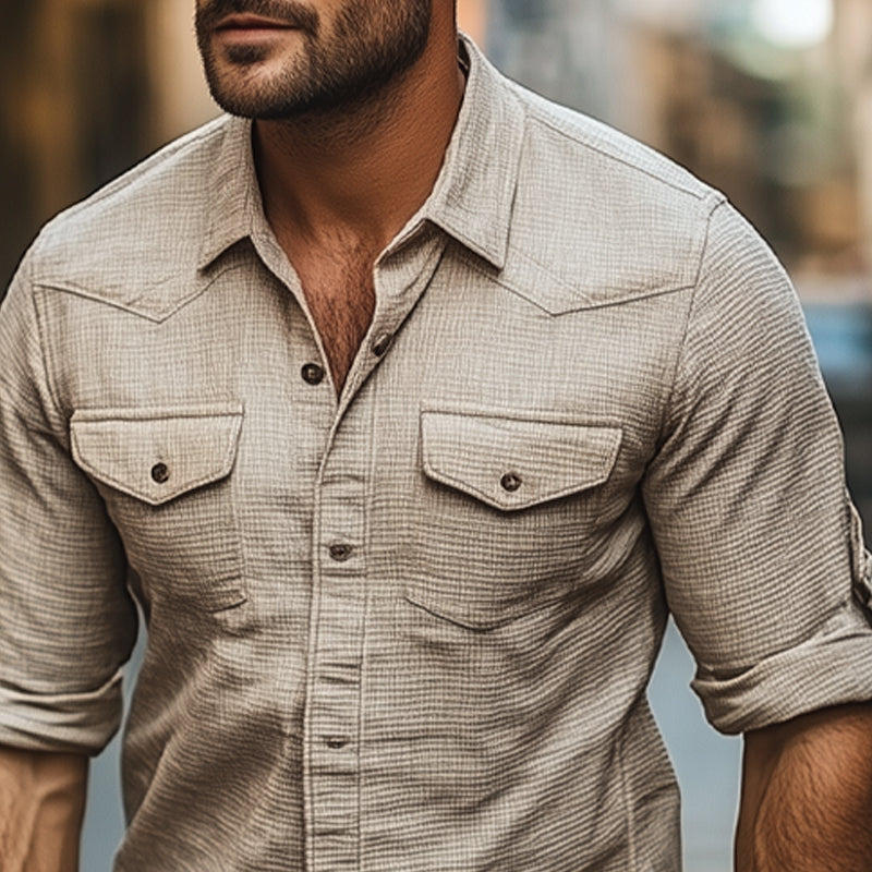 Men's Solid Waffle Lapel Short Sleeve Shirt MTA0176D3X