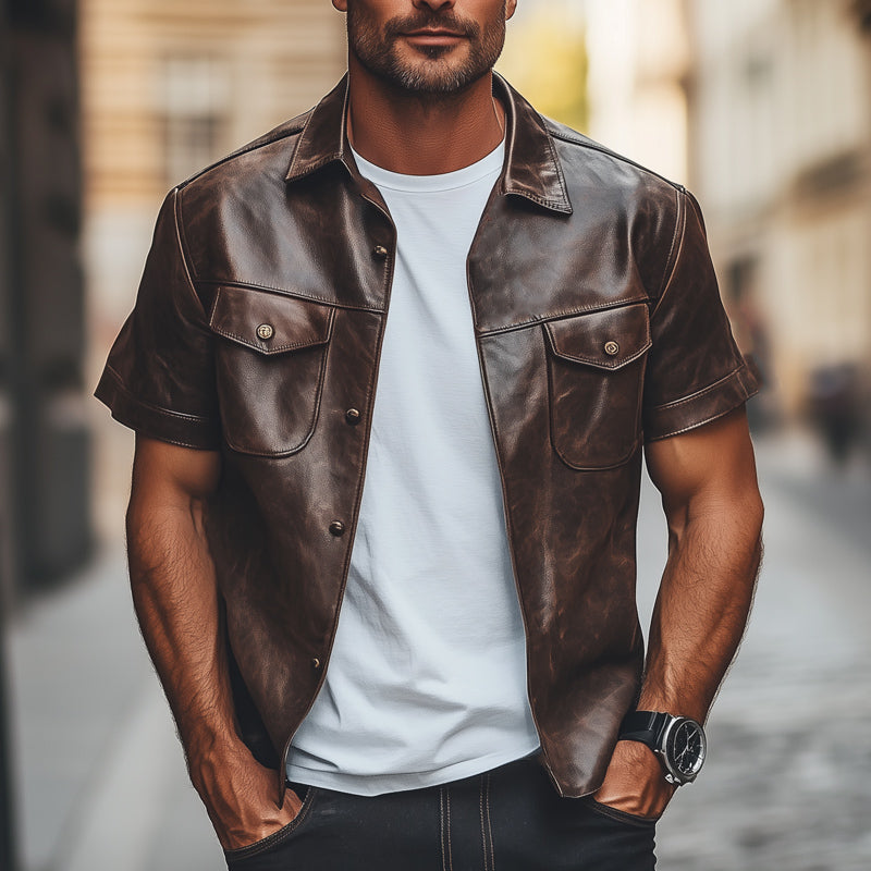Men's Summer Vintage Brown Leather Short Sleeve Shirt MTA0164D8U