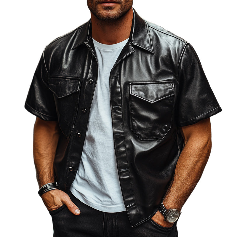 Men's Summer Loose Black Leather Short Sleeve Shirt MTA0157D6U