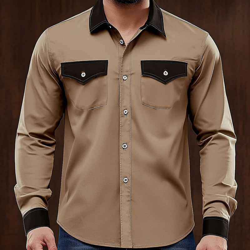 Men's Comfortable Khaki Colorblock Casual Long Sleeve Shirt MTA0209D2U