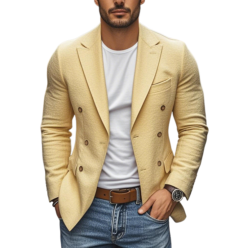 Men's Casual Cotton Linen Peaked Lapel Double-Breasted Slim-Fit Blazer MTA0296D4M