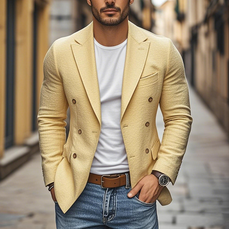 Men's Casual Cotton Linen Peaked Lapel Double-Breasted Slim-Fit Blazer MTA0296D4M