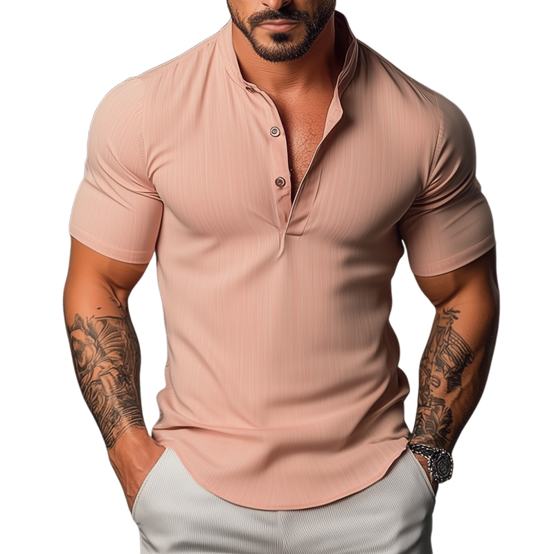Men's Retro Casual Stand Collar Elastic Short Sleeve Shirt MTA0269D1TO