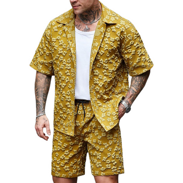 Men's Floral Texture Solid Color Short-Sleeved Shorts Two-Piece Set MTA1036D4X