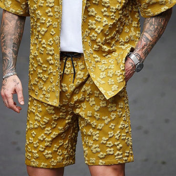 Men's Floral Texture Solid Color Short-Sleeved Shorts Two-Piece Set MTA1036D4X