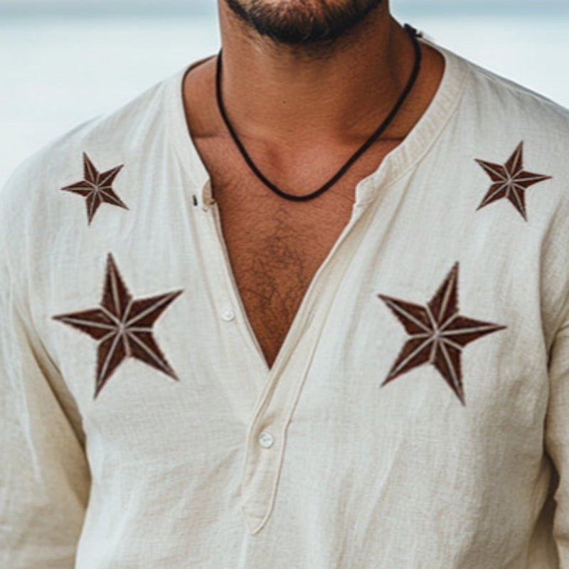 Men's Vintage Casual Star Embroidery Linen Henley Collar Long Sleeve Shirt MTA1018D5TO