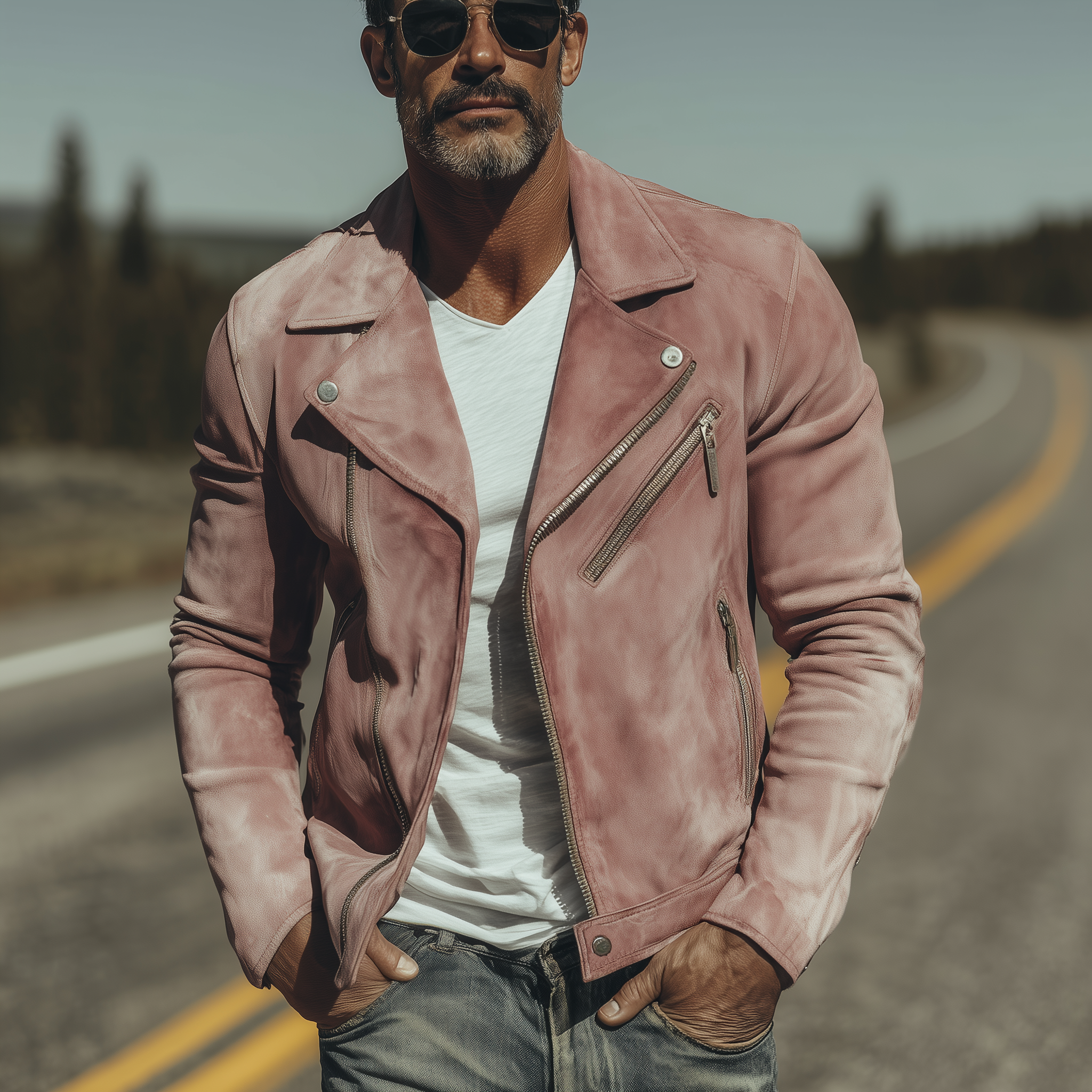 Men's Classic American Retro Lapel Pink Suede Motorcycle Jacket MTA2012H0K