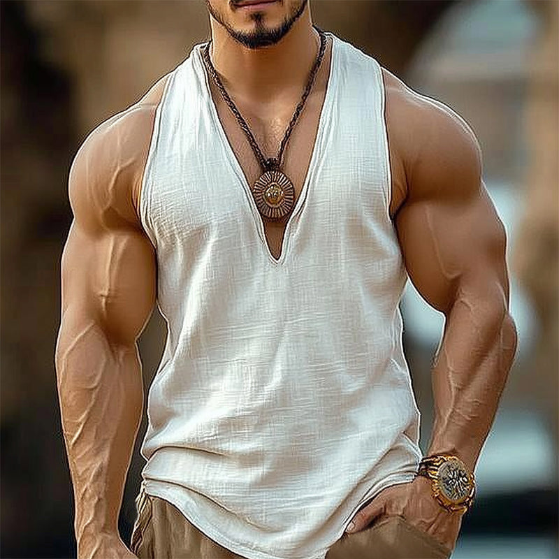 Men's Summer Basic Cotton Solid Color V-Neck Tank Top MTA1199D2U