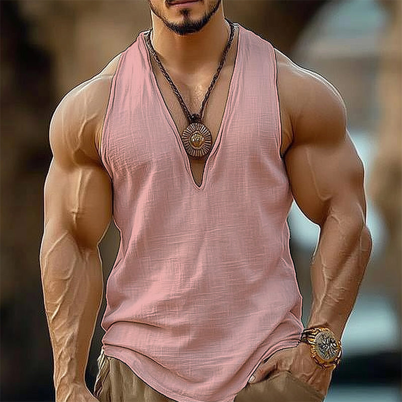 Men's Summer Basic Cotton Solid Color V-Neck Tank Top MTA1199D2U
