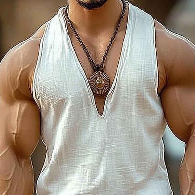 Men's Summer Basic Cotton Solid Color V-Neck Tank Top MTA1199D2U