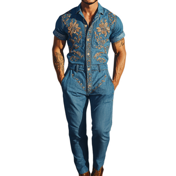 【24-timers frakt】Herre sommermote, uformell, klassisk vestlig stil, Tencel-denim, brodert jumpsuit MTA1244D2K