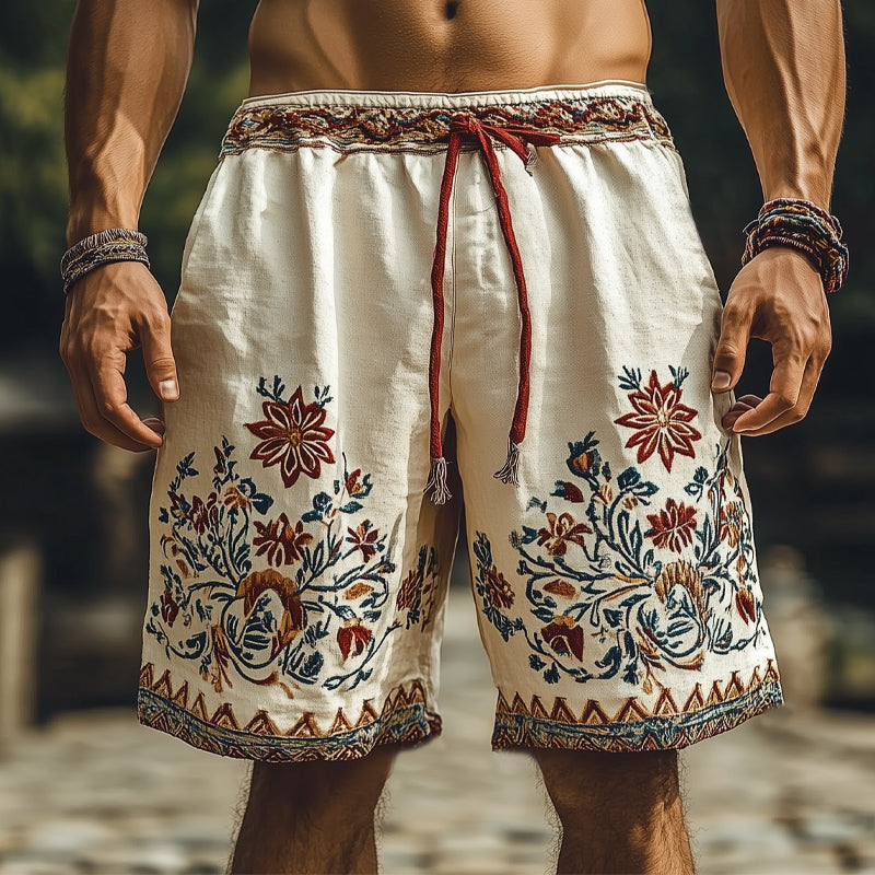 Men's Summer Retro Embroidery Loose Cotton and Linen Shorts MTA1521D9U
