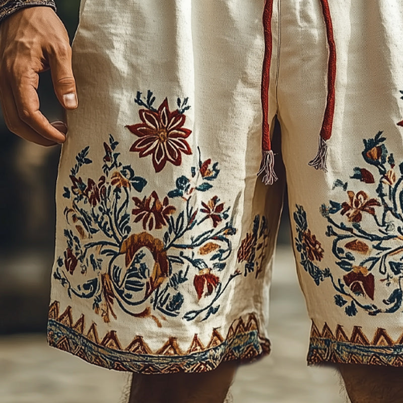 Men's Summer Retro Embroidery Loose Cotton and Linen Shorts MTA1521D9U