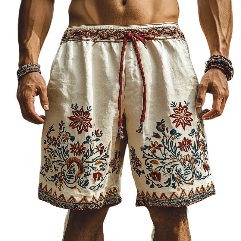 Men's Summer Retro Embroidery Loose Cotton and Linen Shorts MTA1521D9U