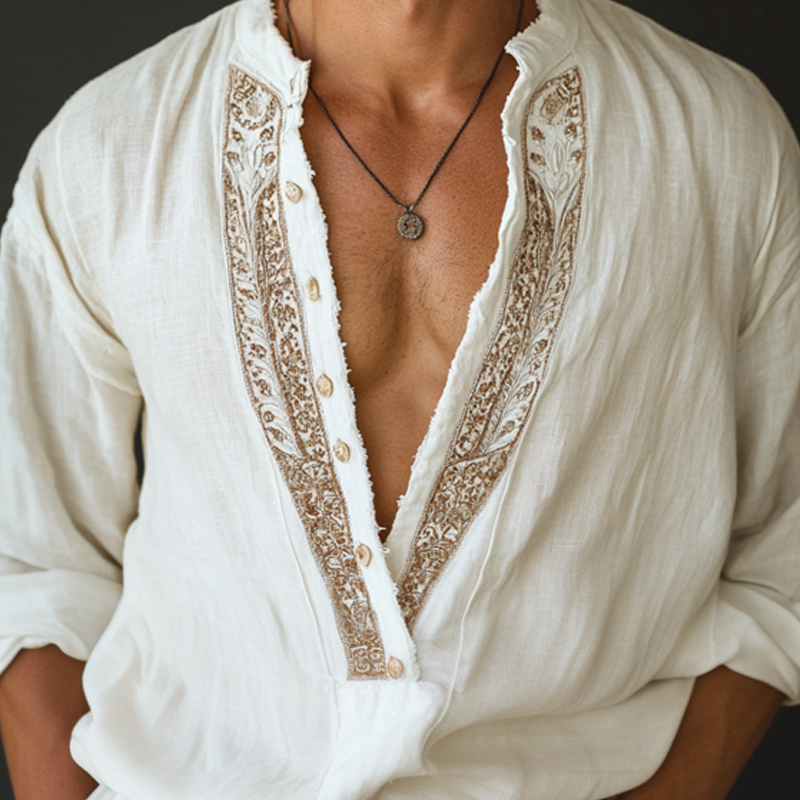Men's Ethnic Style Embroidered V Neck Long Sleeve Cotton And Linen Shirt MTA1571D8Z