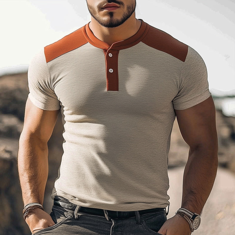 Men's Summer Business Henley Collar Colorblock Slim Fit T-Shirt MTA1631D8U