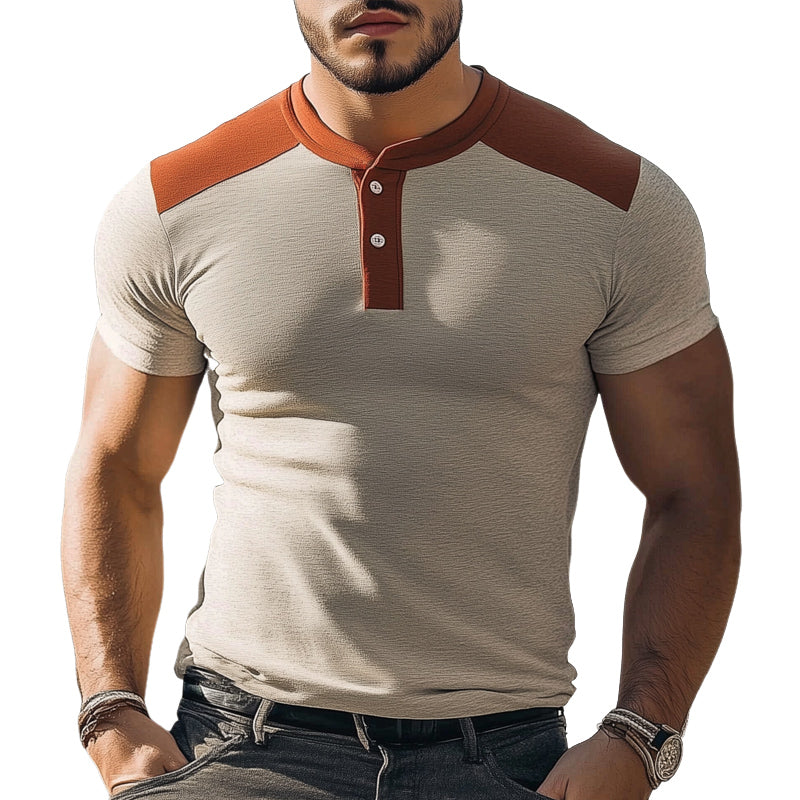 Men's Summer Business Henley Collar Colorblock Slim Fit T-Shirt MTA1631D8U