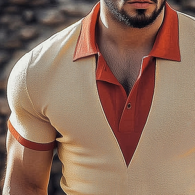 Men's Summer Business Color Block Collar Slim Fit Knitted T-Shirt MTA1649D5U